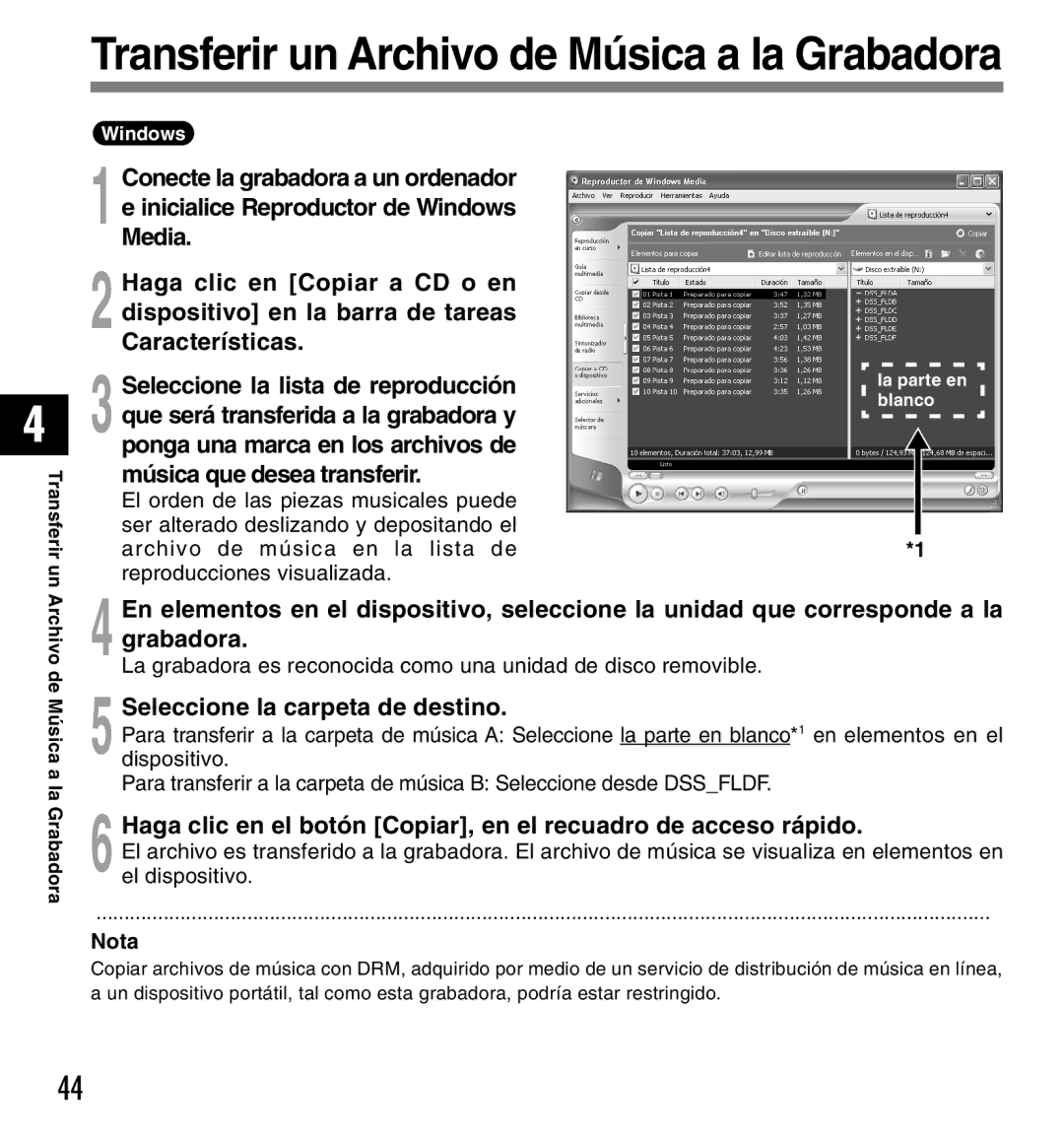 Olympus DM-10, DM-20 manual Transferir un Archivo de Música a la Grabadora 