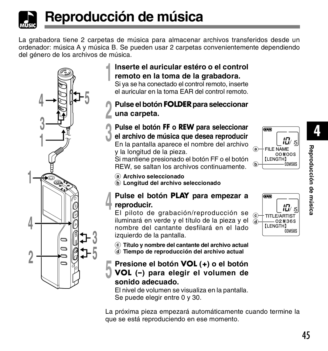 Olympus DM-20, DM-10 manual Reproducción de música, Pulse el botón Folder para seleccionar una carpeta 