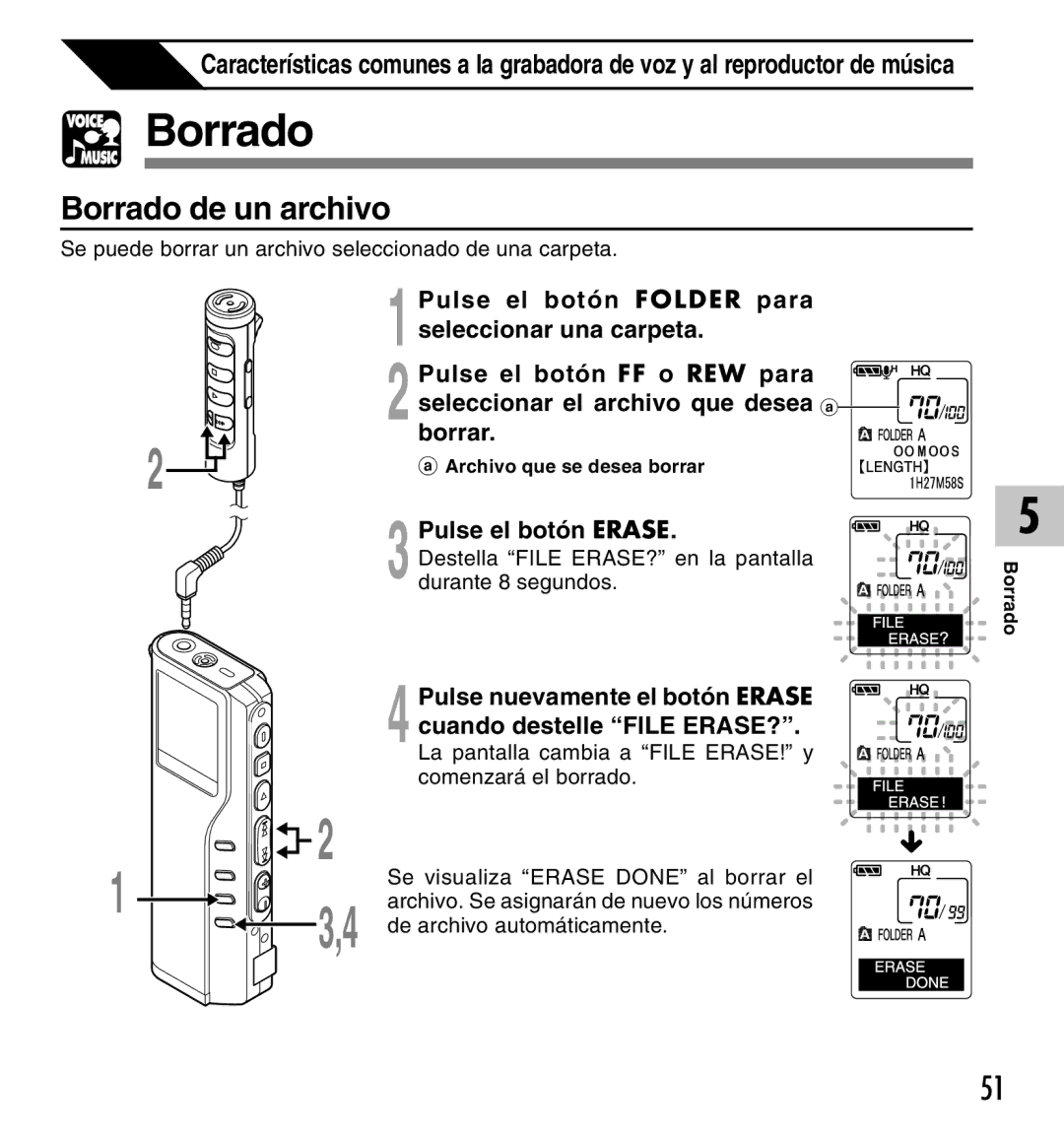 Olympus DM-20, DM-10 manual Borrado de un archivo 