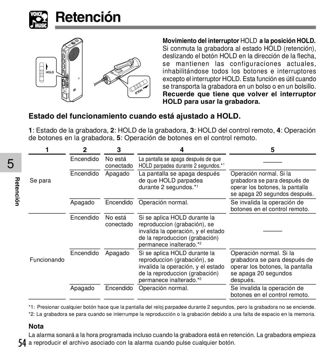 Olympus DM-10, DM-20 manual Retención, Estado del funcionamiento cuando está ajustado a Hold 