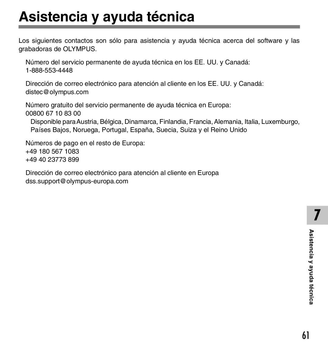 Olympus DM-20, DM-10 manual Asistencia y ayuda técnica, Asistencia y ayuda t écnica 