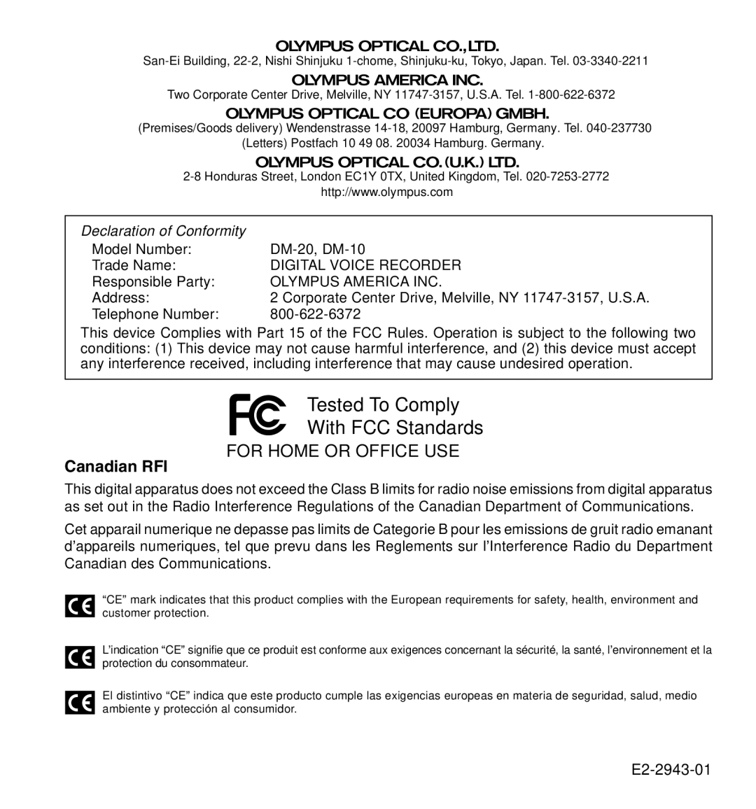 Olympus DM-10, DM-20 manual Canadian RFI, E2-2943-01 