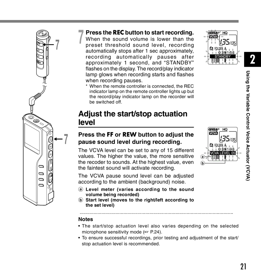 Olympus DM-20, DM-10 manual Adjust the start/stop actuation level 