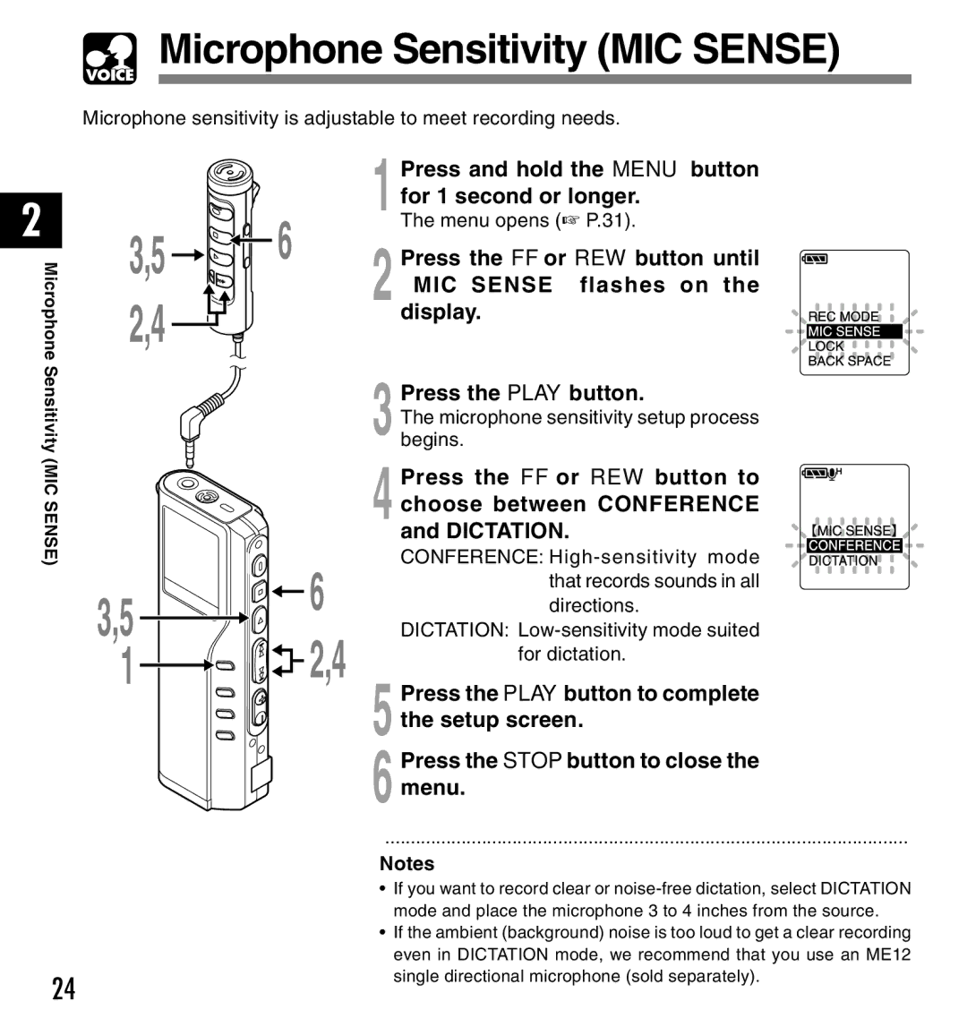 Olympus DM-10 Microphone Sensitivity MIC Sense, Press and hold the Menu button for 1 second or longer, Menu opens P.31 