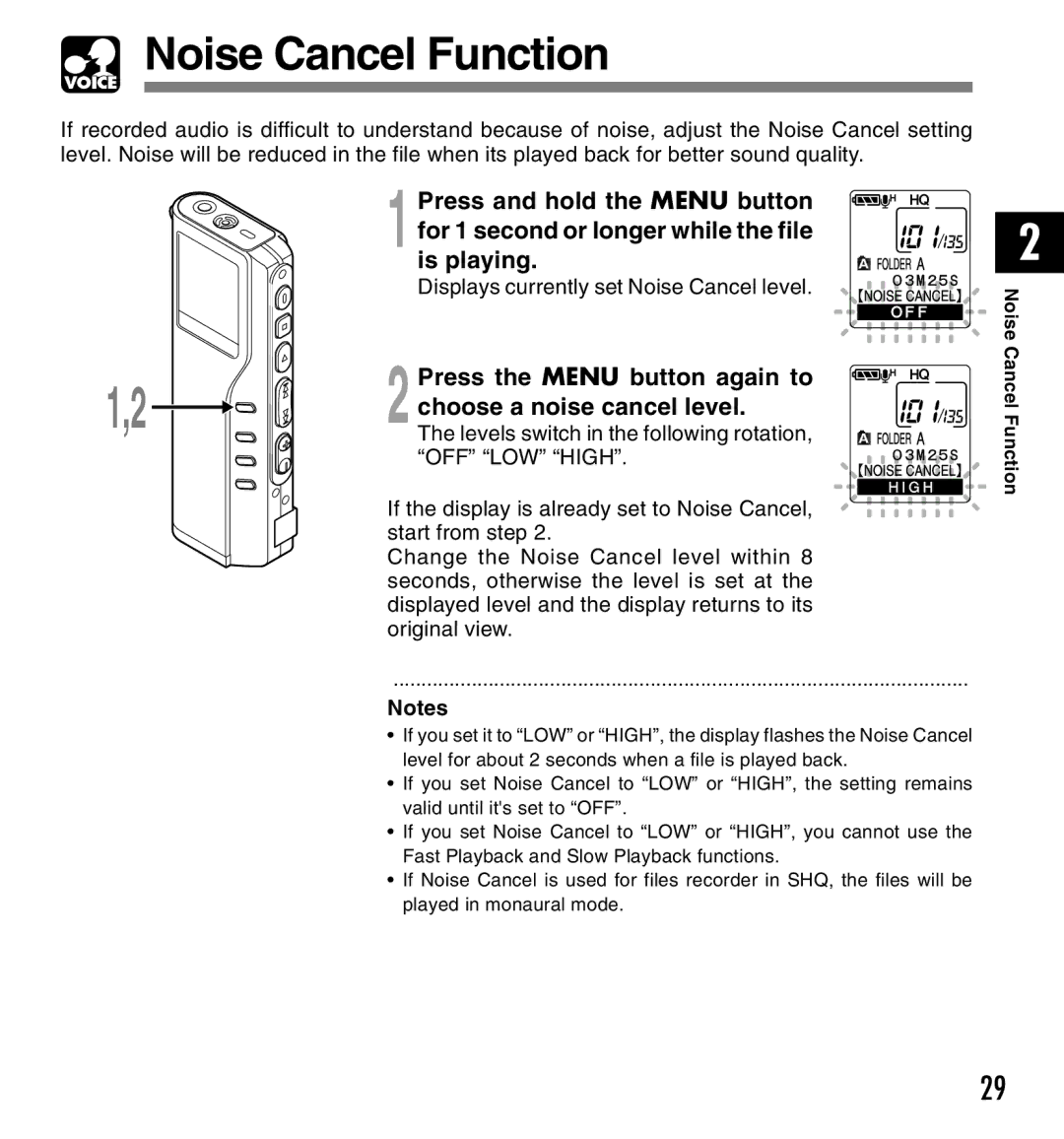 Olympus DM-20, DM-10 manual Noise Cancel Function, Press the Menu button again to, Choose a noise cancel level 