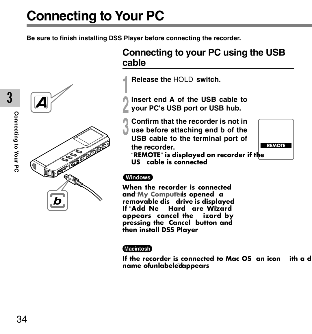 Olympus DM-10, DM-20 manual Connecting to Your PC, Connecting to your PC using the USB cable 