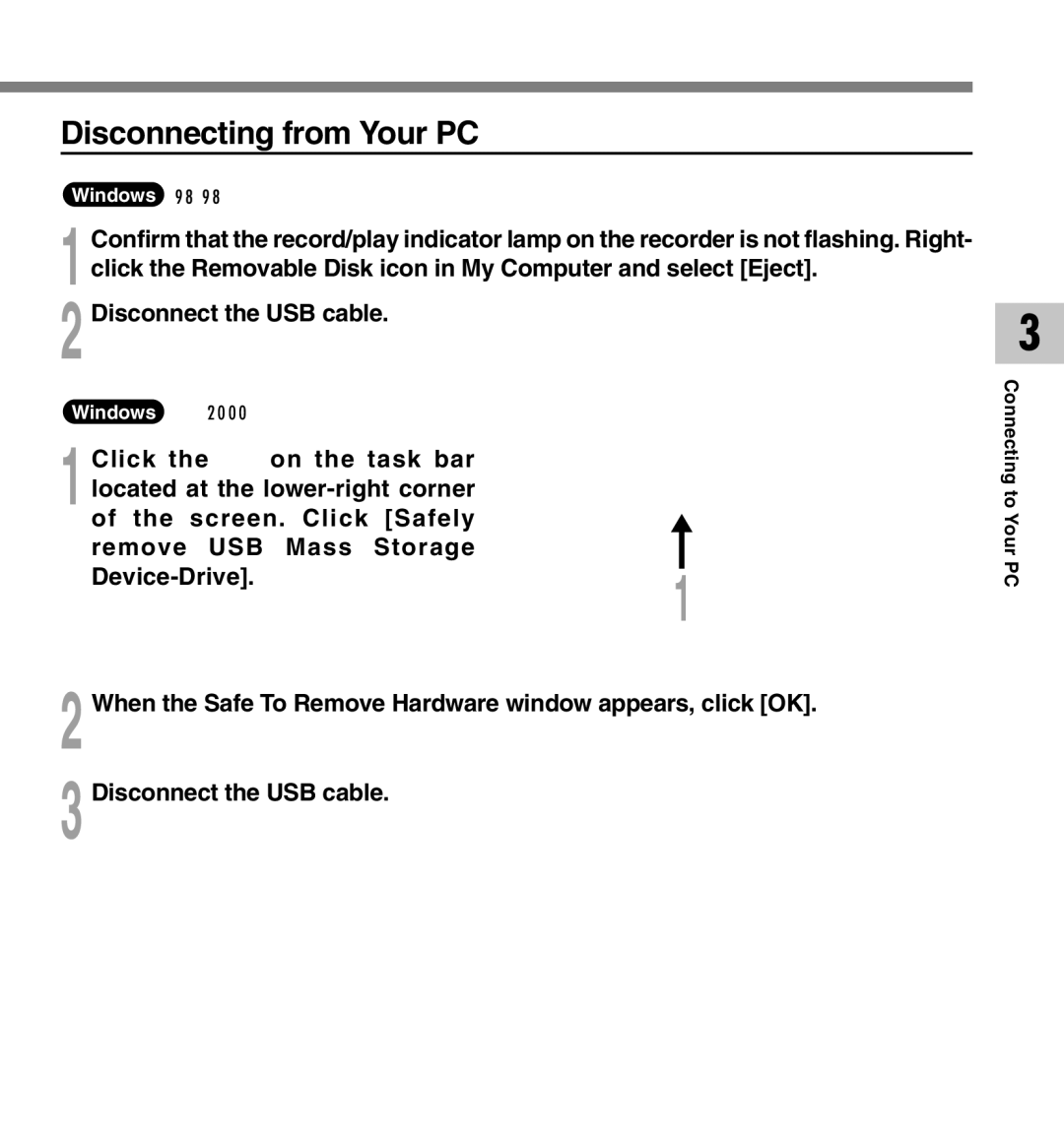 Olympus DM-20 Disconnecting from Your PC, Click On the task bar, Screen. Click Safely Remove USB Mass Storage Device-Drive 