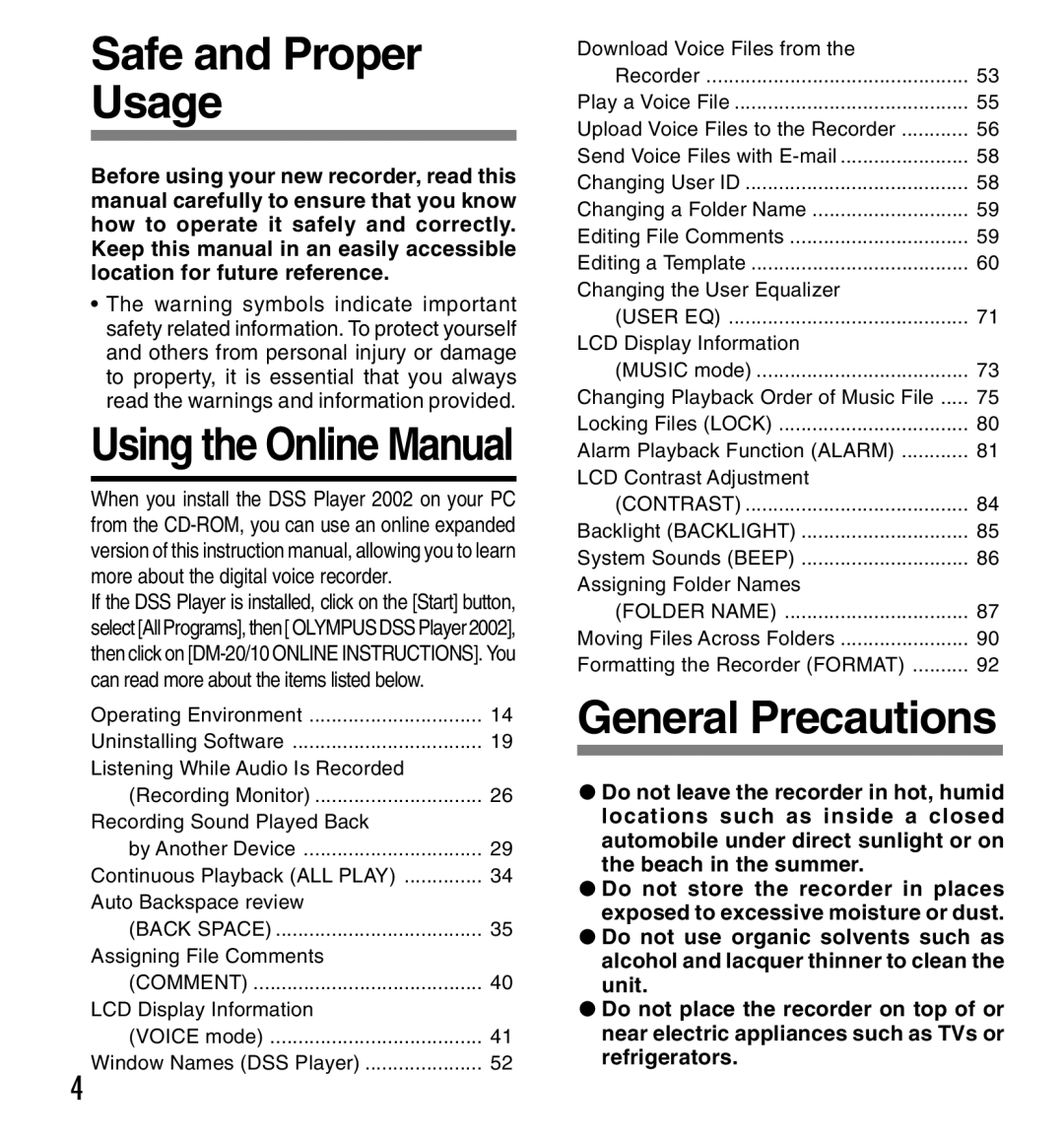 Olympus DM-10, DM-20 manual Safe and Proper Usage, General Precautions 