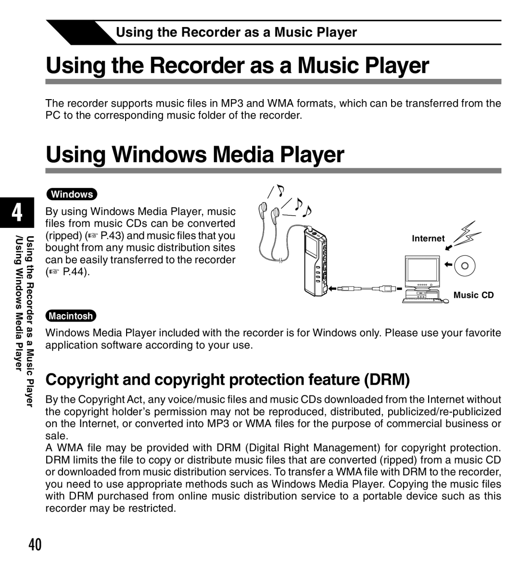 Olympus DM-10, DM-20 manual Using the Recorder as a Music Player, Using Windows Media Player 