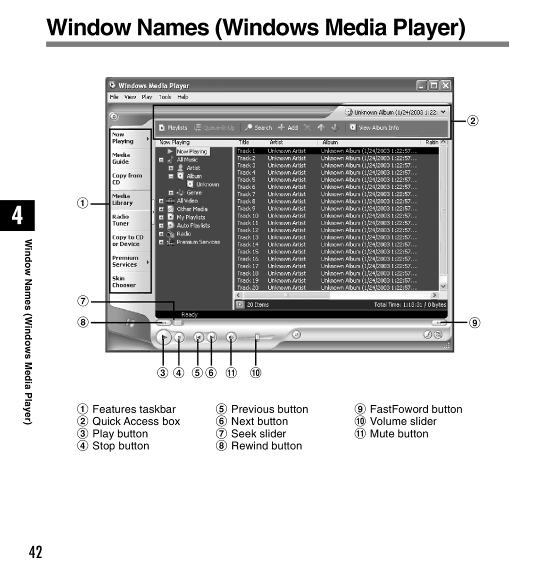 Olympus DM-10, DM-20 manual Window Names Windows Media Player 