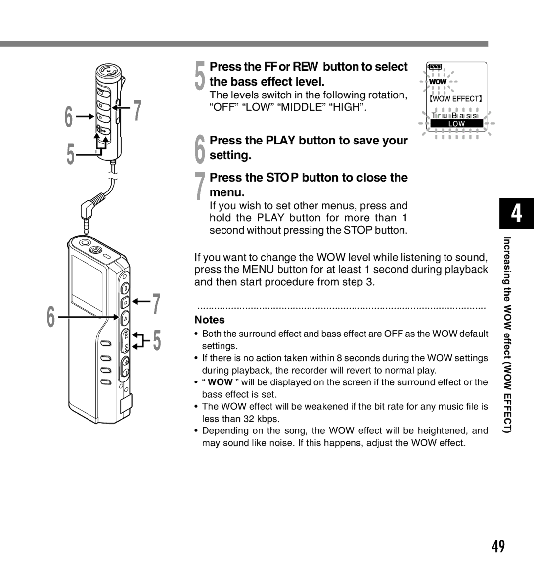 Olympus DM-20, DM-10 manual Press the FF or REW button to select the bass effect level 