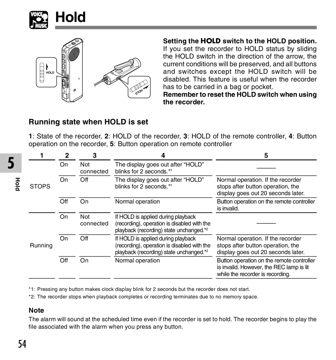 Olympus DM-10, DM-20 manual Running state when Hold is set, Remember to reset the Hold switch when using the recorder 