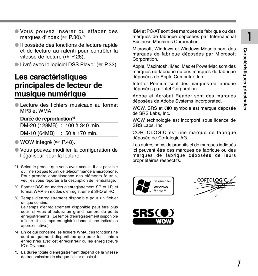 Olympus DM-20, DM-10 manual Lecture des fichiers musicaux au format MP3 et WMA, Durée de reproduction*5 