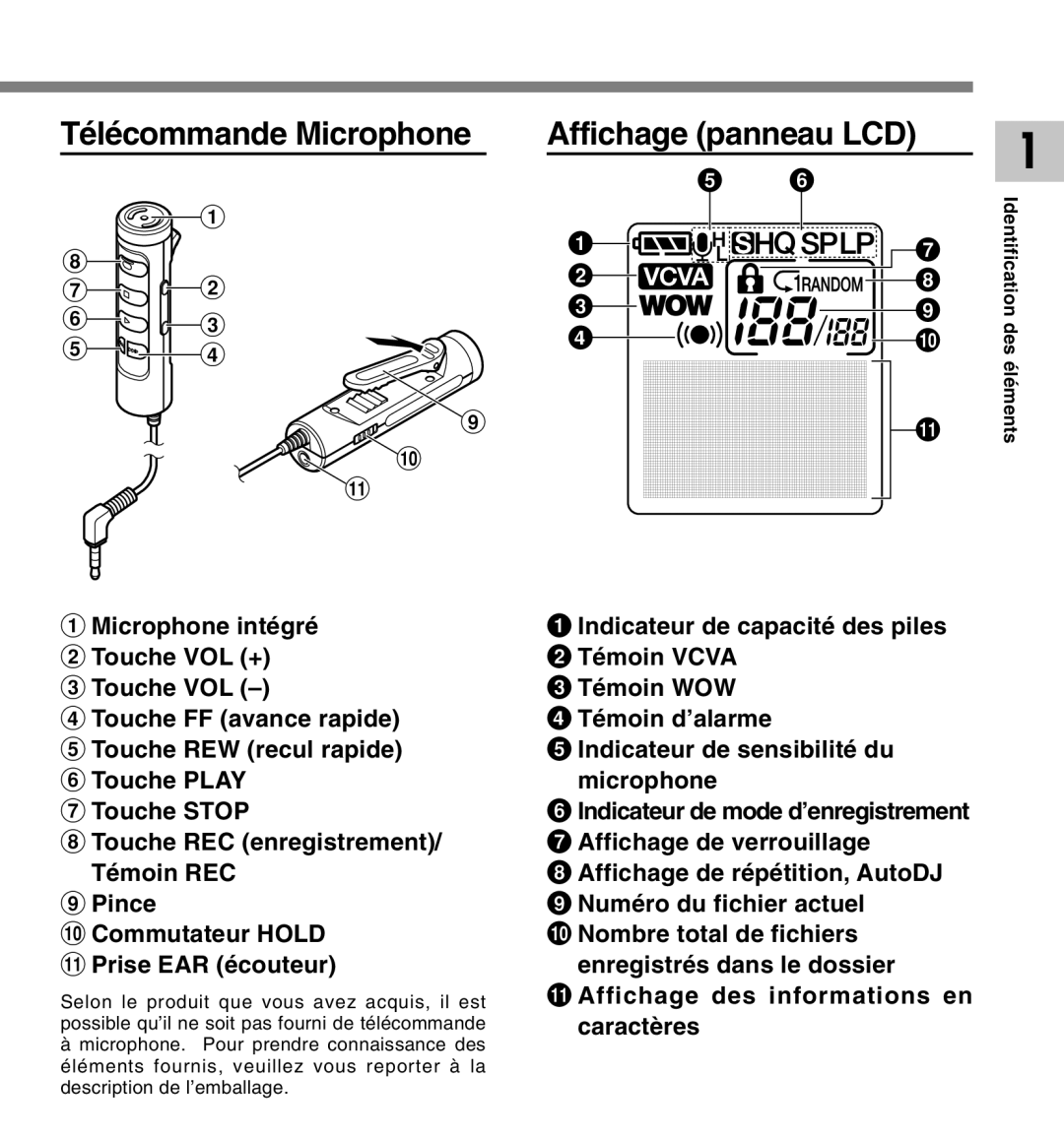 Olympus DM-20, DM-10 manual Télécommande Microphone Affichage panneau LCD 