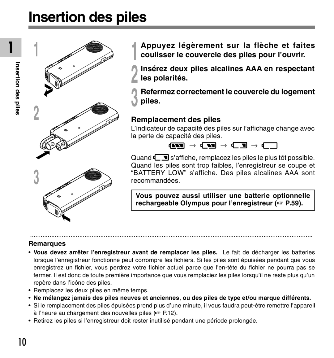 Olympus DM-10, DM-20 manual Insertion des piles, Remarques 