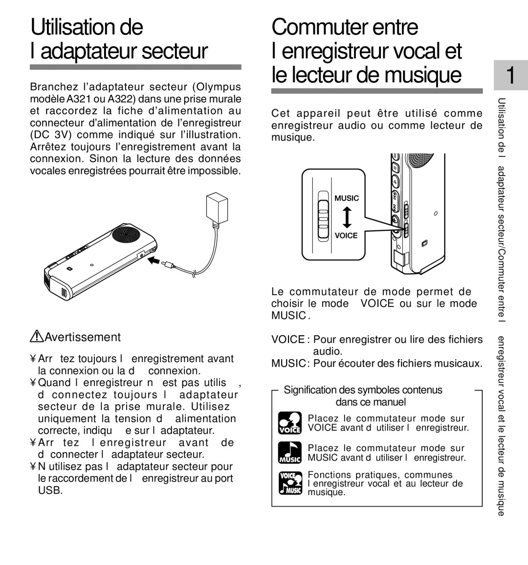 Olympus DM-20, DM-10 manual Utilisation de ’adaptateur secteur, Commuter entre 