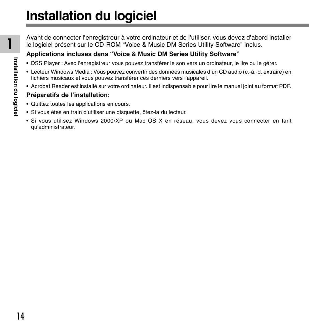 Olympus DM-10, DM-20 manual Installation du logiciel, Préparatifs de l’installation 