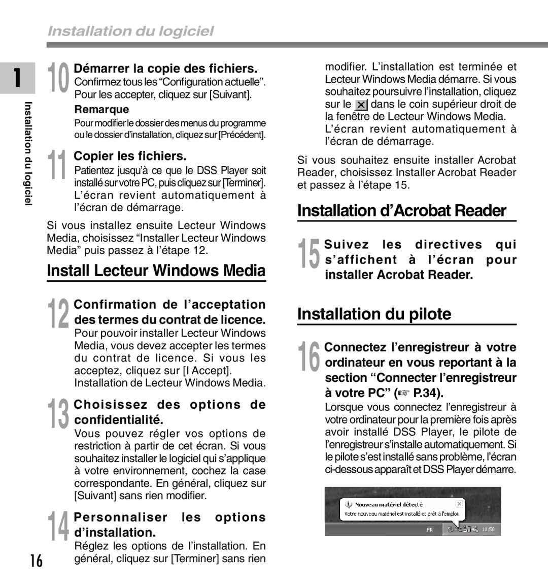 Olympus DM-10, DM-20 manual Install Lecteur Windows Media, Installation d’Acrobat Reader, Installation du pilote 