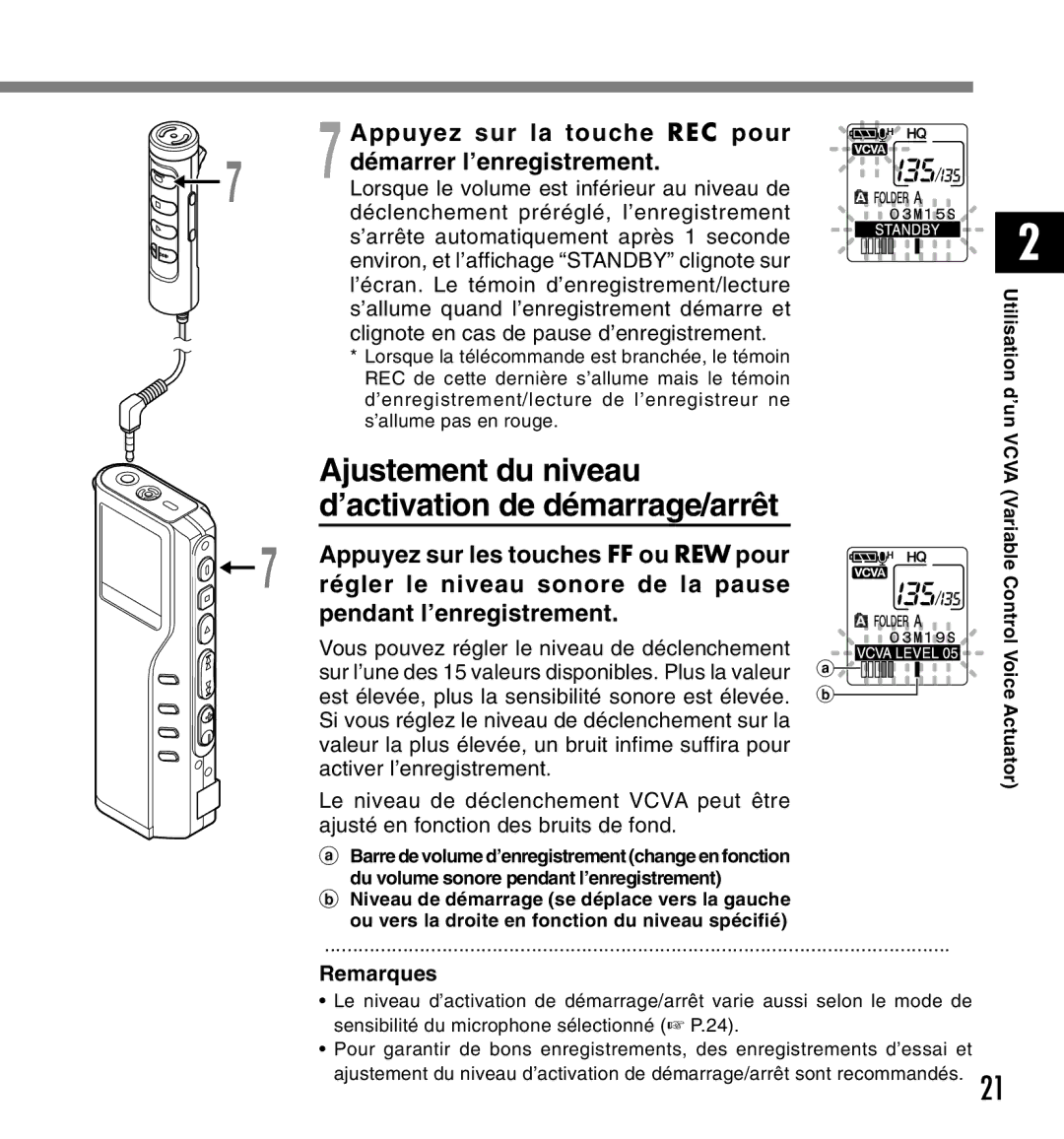 Olympus DM-20, DM-10 manual Ajustement du niveau ’activation de démarrage/arrêt 