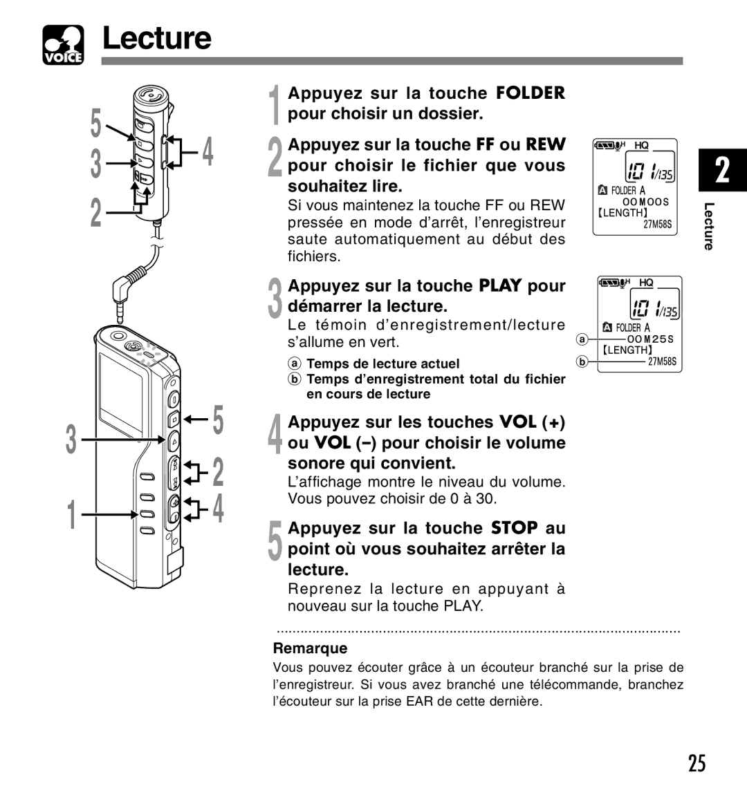 Olympus DM-20, DM-10 manual Lecture, Appuyez sur la touche Play pour Démarrer la lecture 