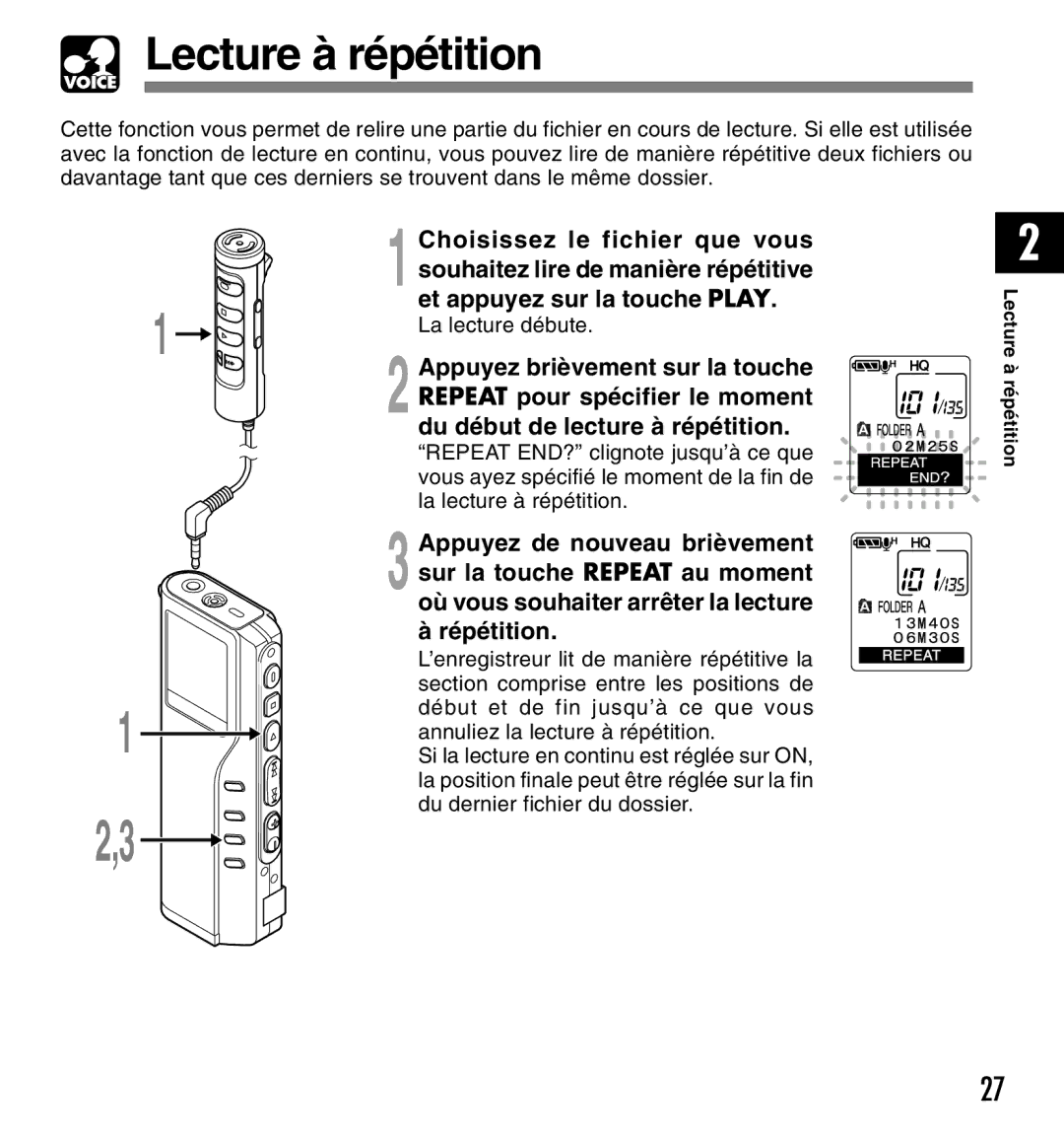 Olympus DM-20, DM-10 manual Lecture à répétition 