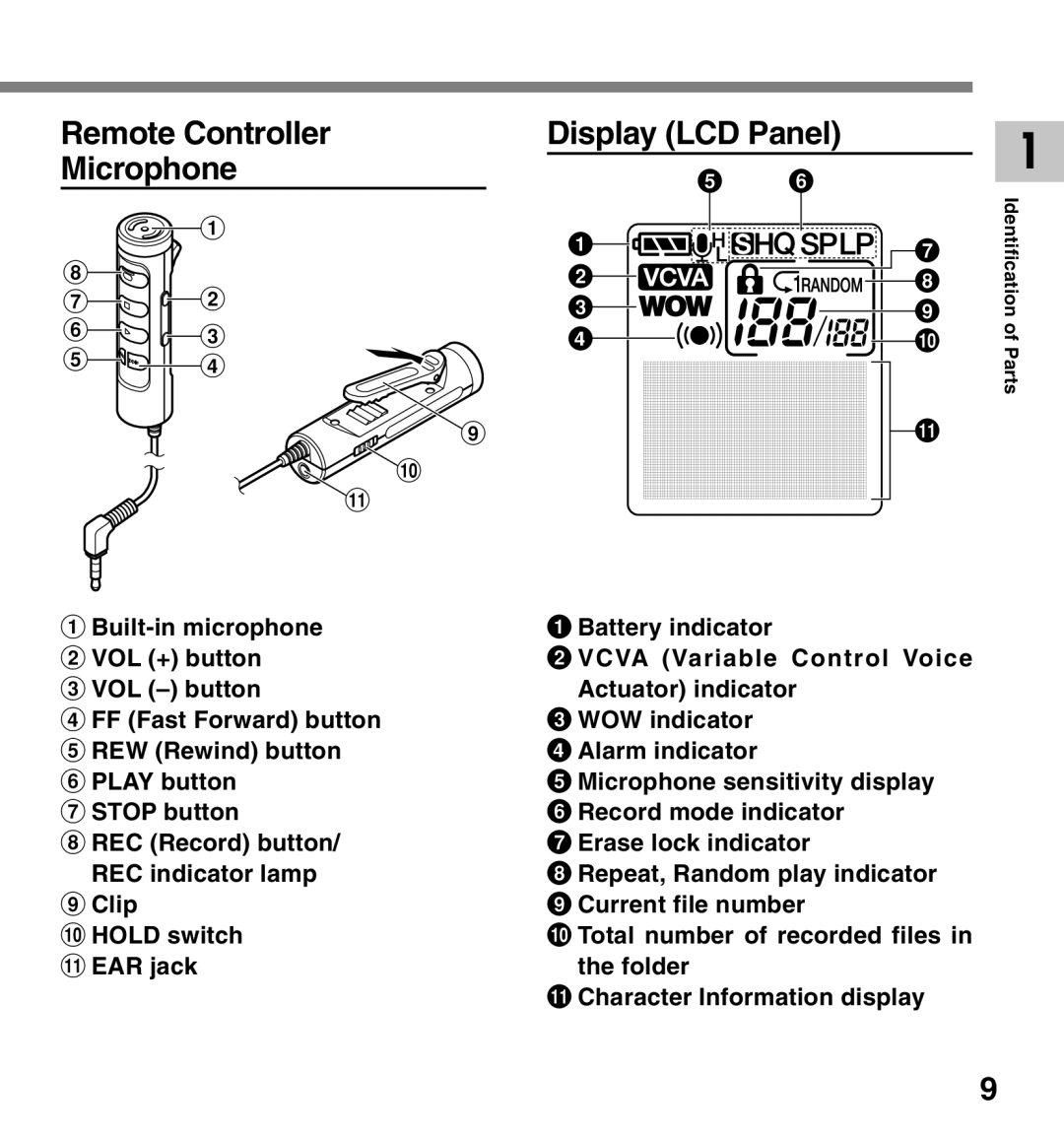 Olympus DM-20, DM-10 manual Remote Controller Microphone, Character Information display 