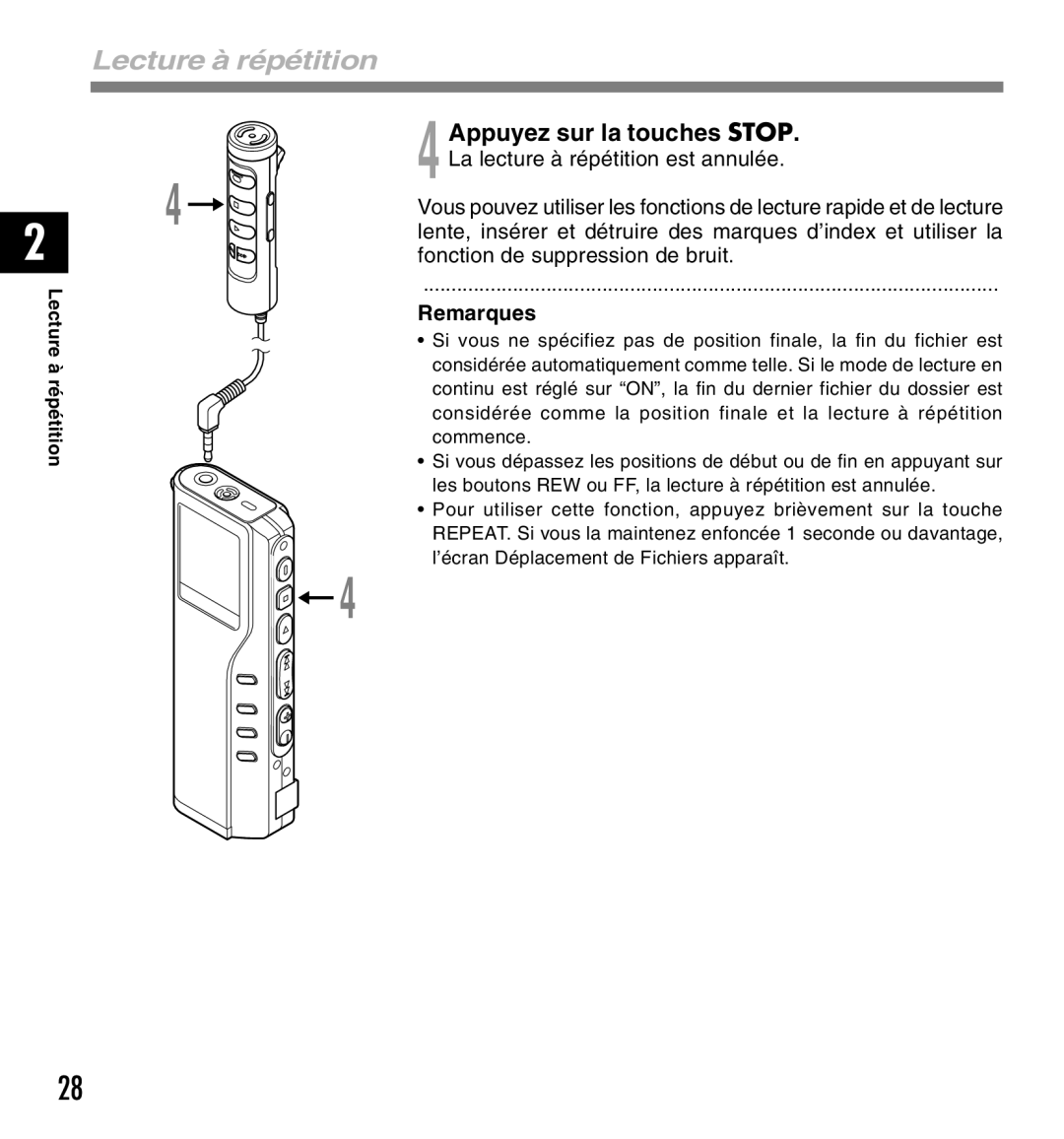 Olympus DM-10, DM-20 manual Lecture à répétition, Remarques 