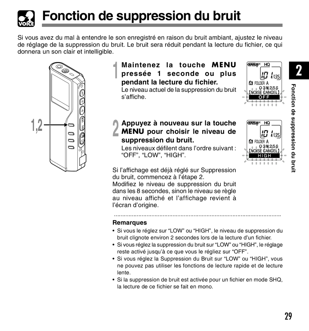 Olympus DM-20, DM-10 manual Fonction de suppression du bruit 