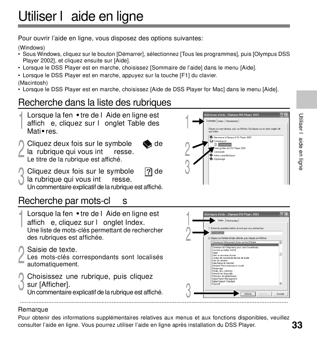 Olympus DM-20, DM-10 manual Utiliser l’aide en ligne, Recherche par mots-clés, Saisie de texte 