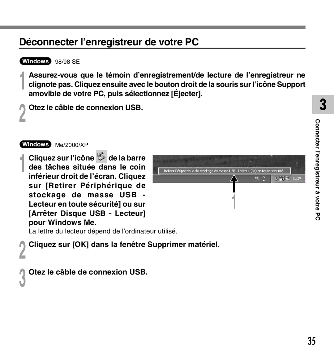 Olympus DM-20 Déconnecter l’enregistreur de votre PC, Cliquez sur l’icône, De la barre, Des tâches située dans le coin 