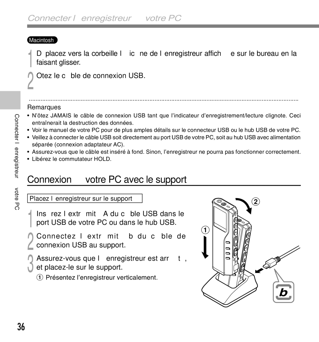 Olympus DM-10, DM-20 manual Connexion à votre PC avec le support, Connecter l’enregistreur à votre PC 