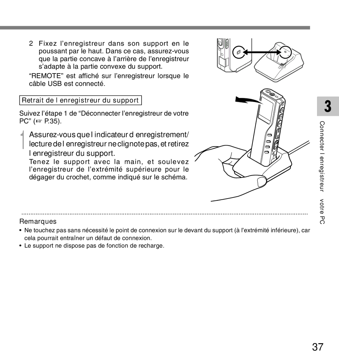 Olympus DM-20, DM-10 manual Retrait de l’enregistreur du support 