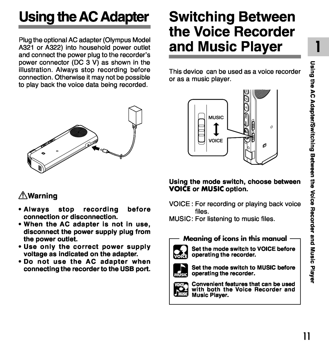 Olympus DM-20 Using the AC Adapter, Switching Between the Voice Recorder and Music Player, Meaning of icons in this manual 