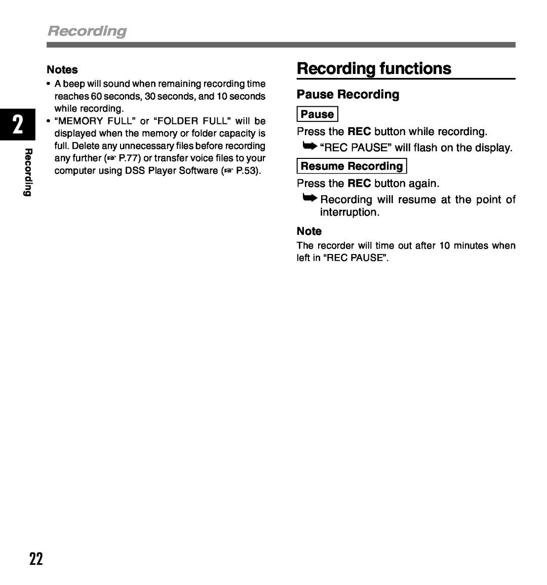 Olympus DM-10, DM-20 manual Recording functions, Pause Recording, Resume Recording 