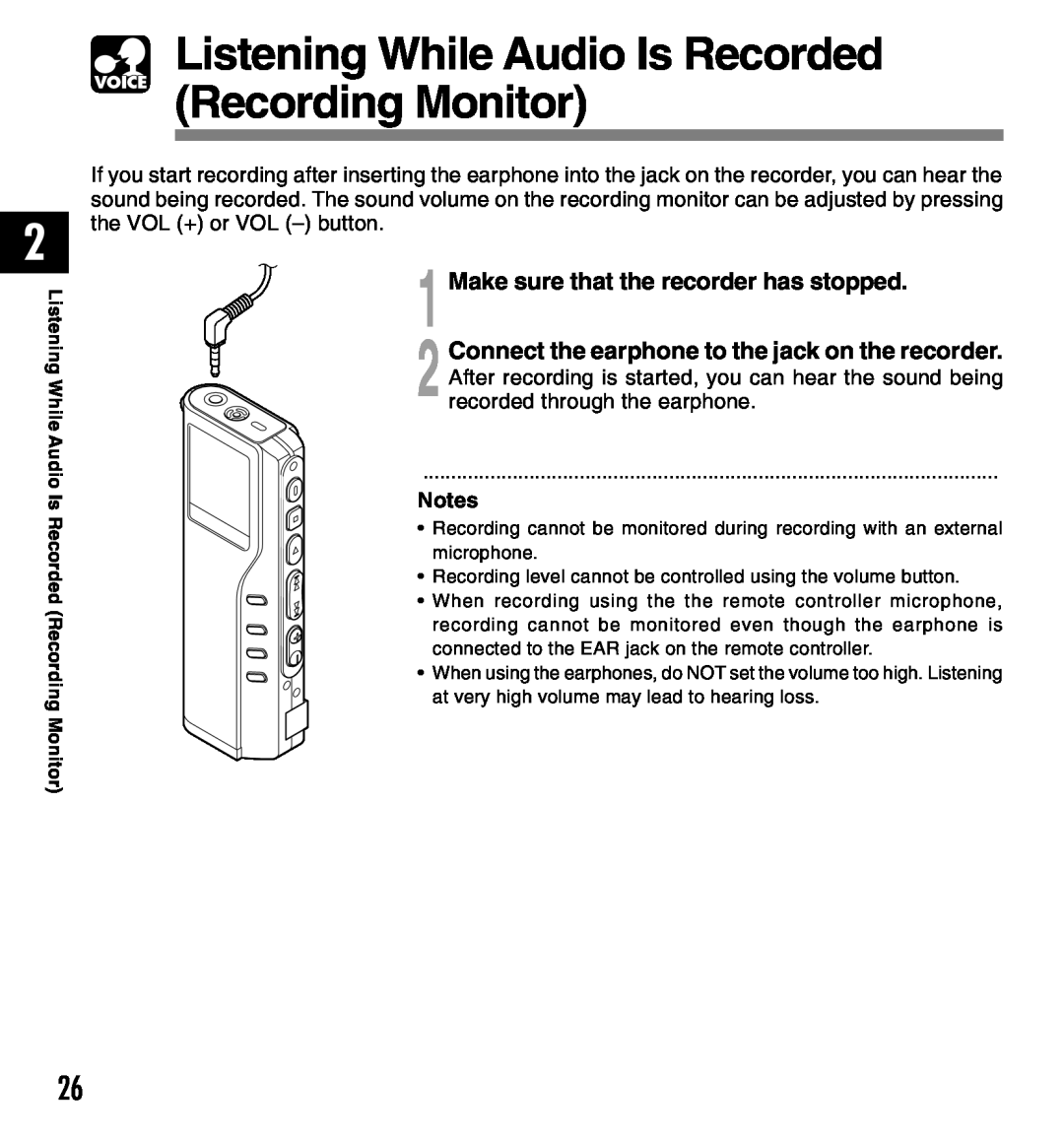 Olympus DM-10, DM-20 manual Listening While Audio Is Recorded Recording Monitor, Make sure that the recorder has stopped 