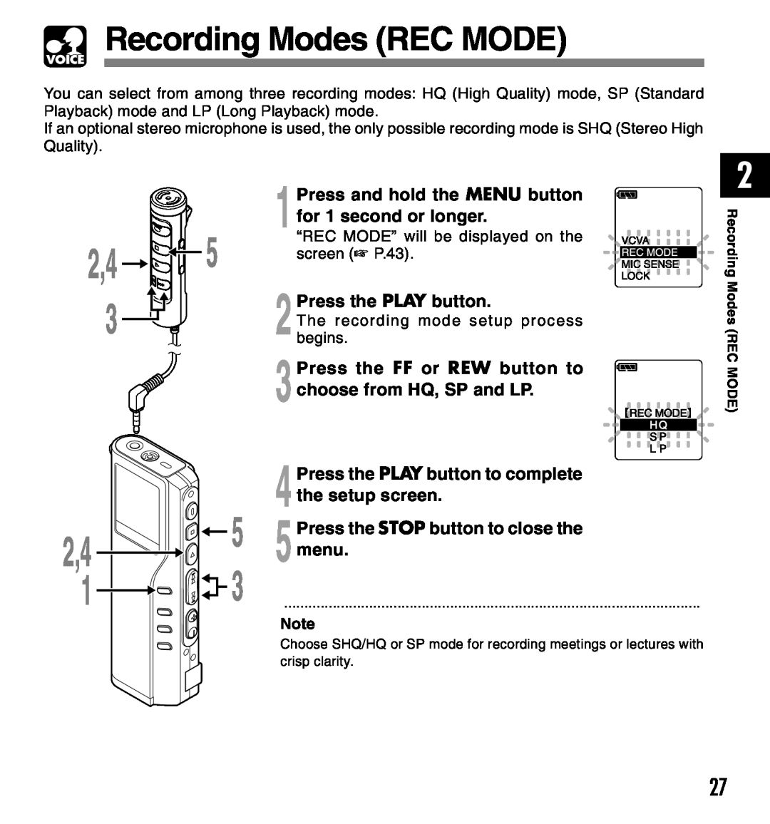 Olympus DM-20 Recording Modes REC MODE, Press the PLAY button, 3Press the FF or REW button to choose from HQ, SP and LP 