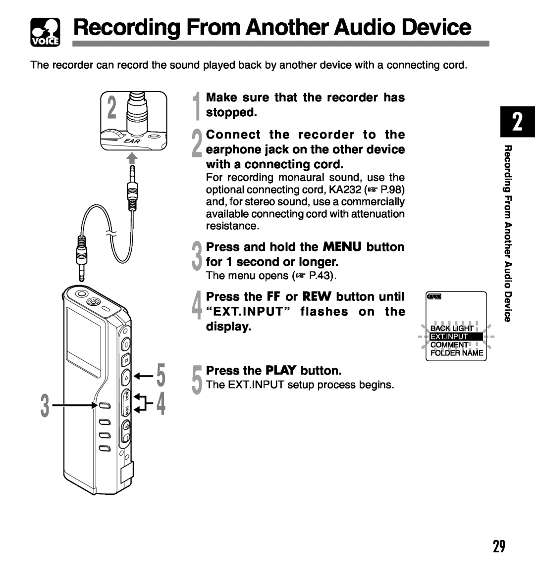 Olympus DM-20, DM-10 manual Recording From Another Audio Device, 1Make sure that the recorder has 2 stopped, display 