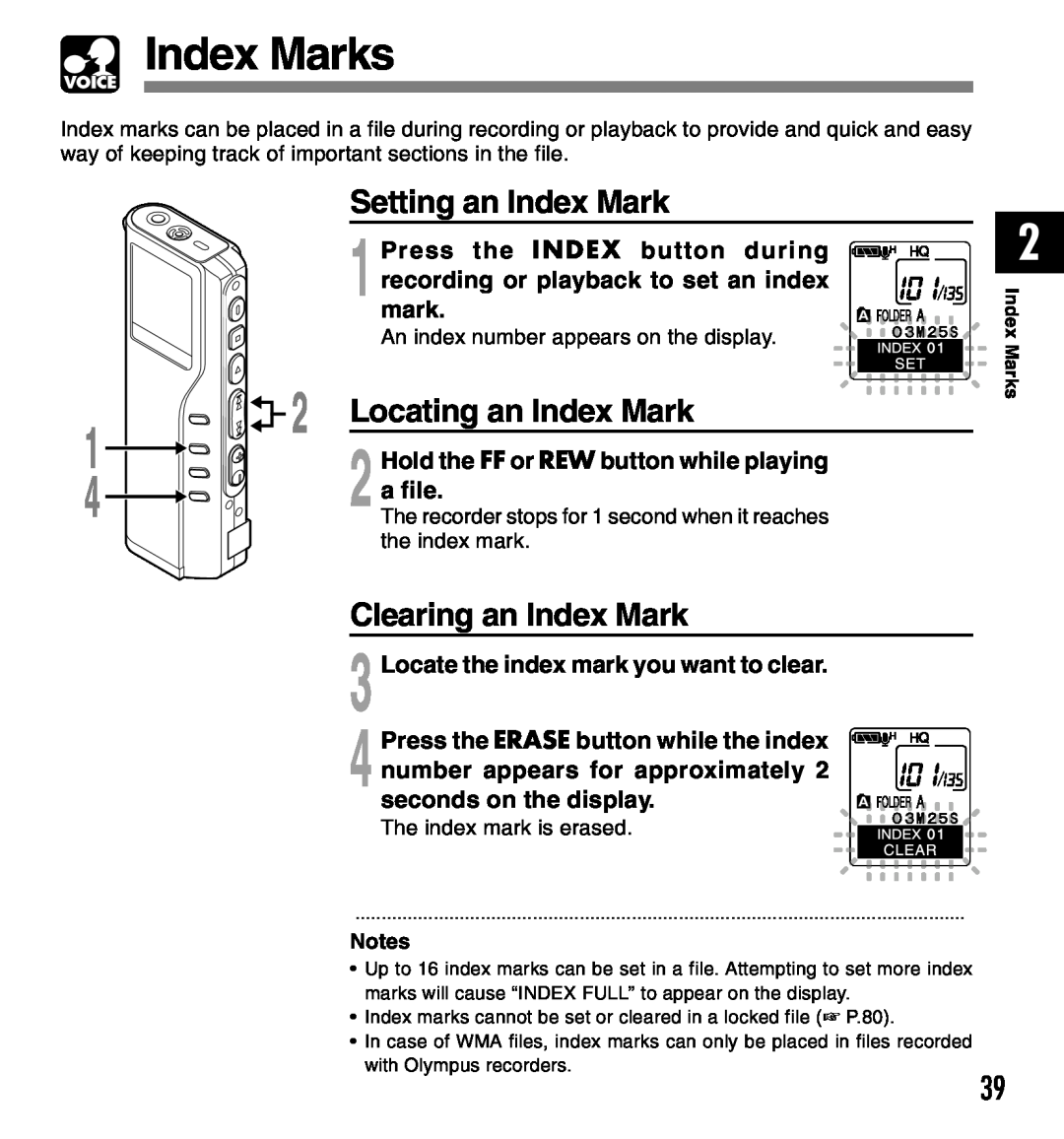 Olympus DM-20, DM-10 manual Index Marks, Setting an Index Mark, Locating an Index Mark, Clearing an Index Mark, a file 