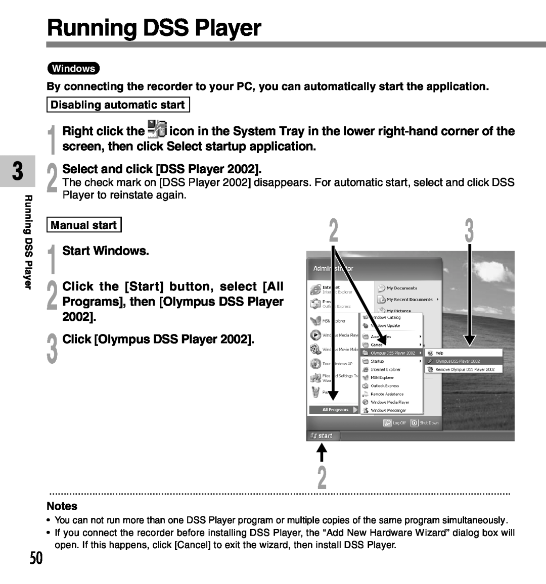Olympus DM-10 manual Running DSS Player, Right click the, screen, then click Select startup application, 2002, Manual start 