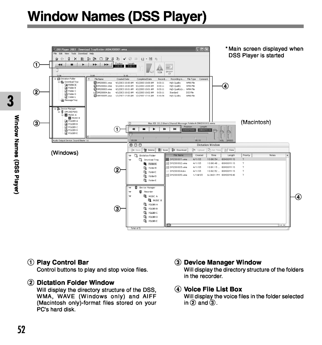 Olympus DM-10, DM-20 manual Window Names DSS Player, Play Control Bar, Dictation Folder Window, Device Manager Window 