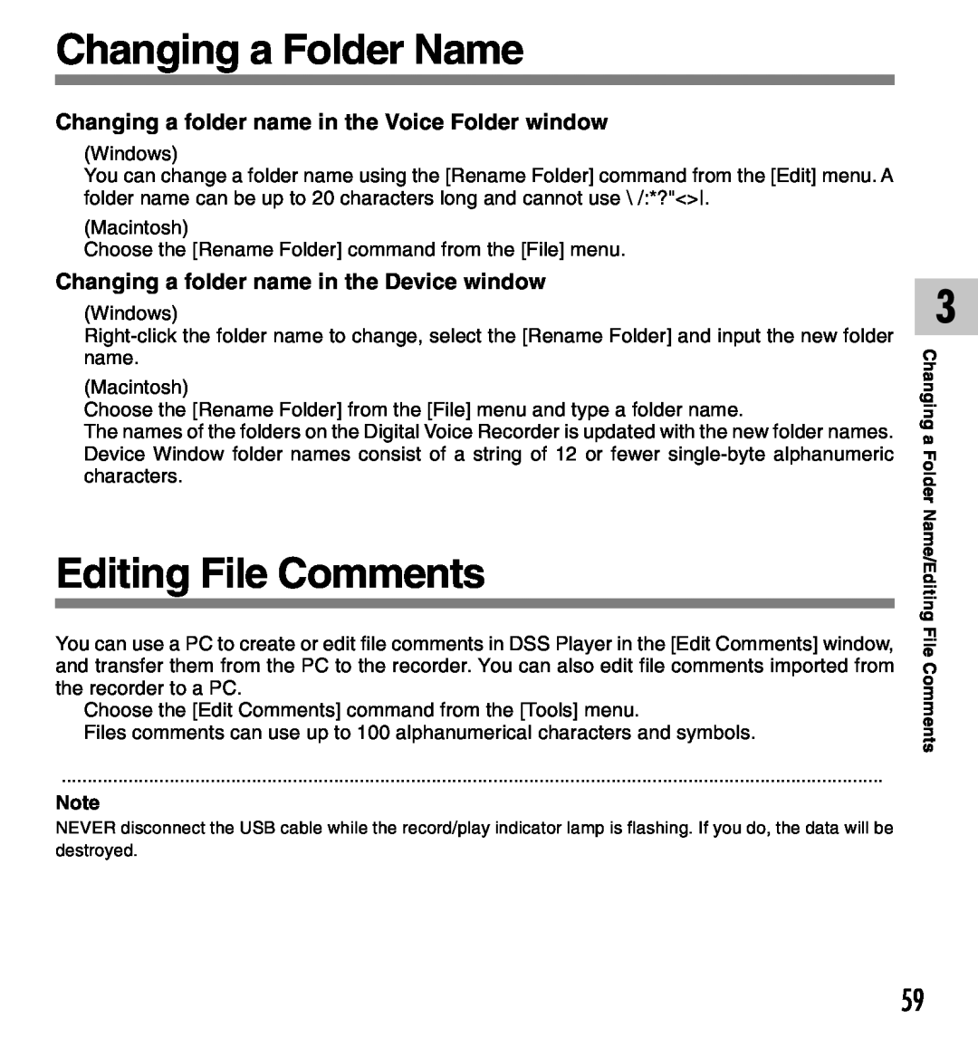 Olympus DM-20, DM-10 manual Changing a Folder Name, Editing File Comments, Changing a folder name in the Voice Folder window 