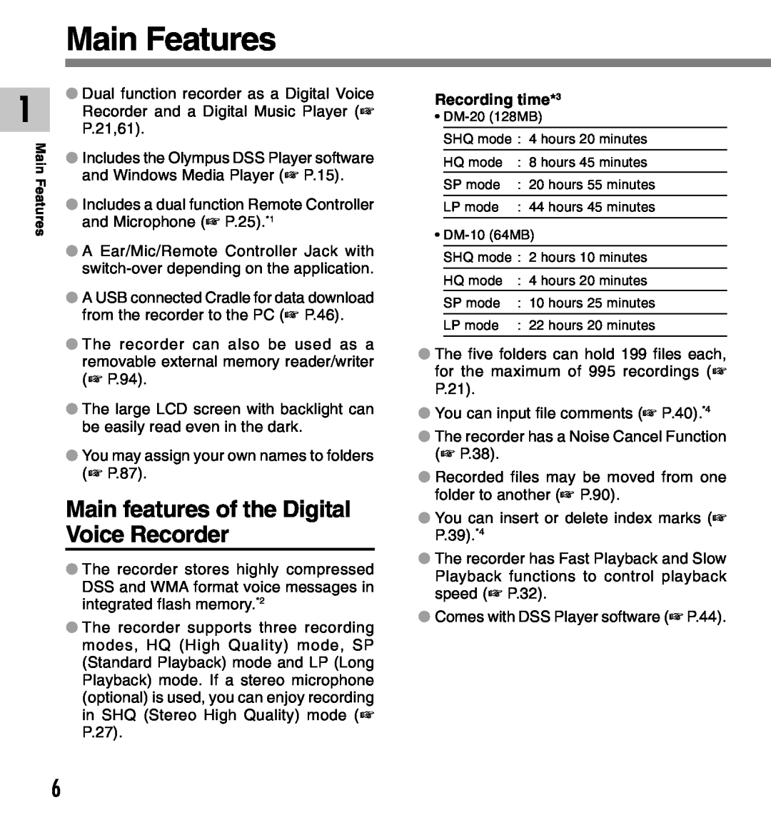 Olympus DM-10, DM-20 manual Main Features, Main features of the Digital Voice Recorder, Recording time*3 