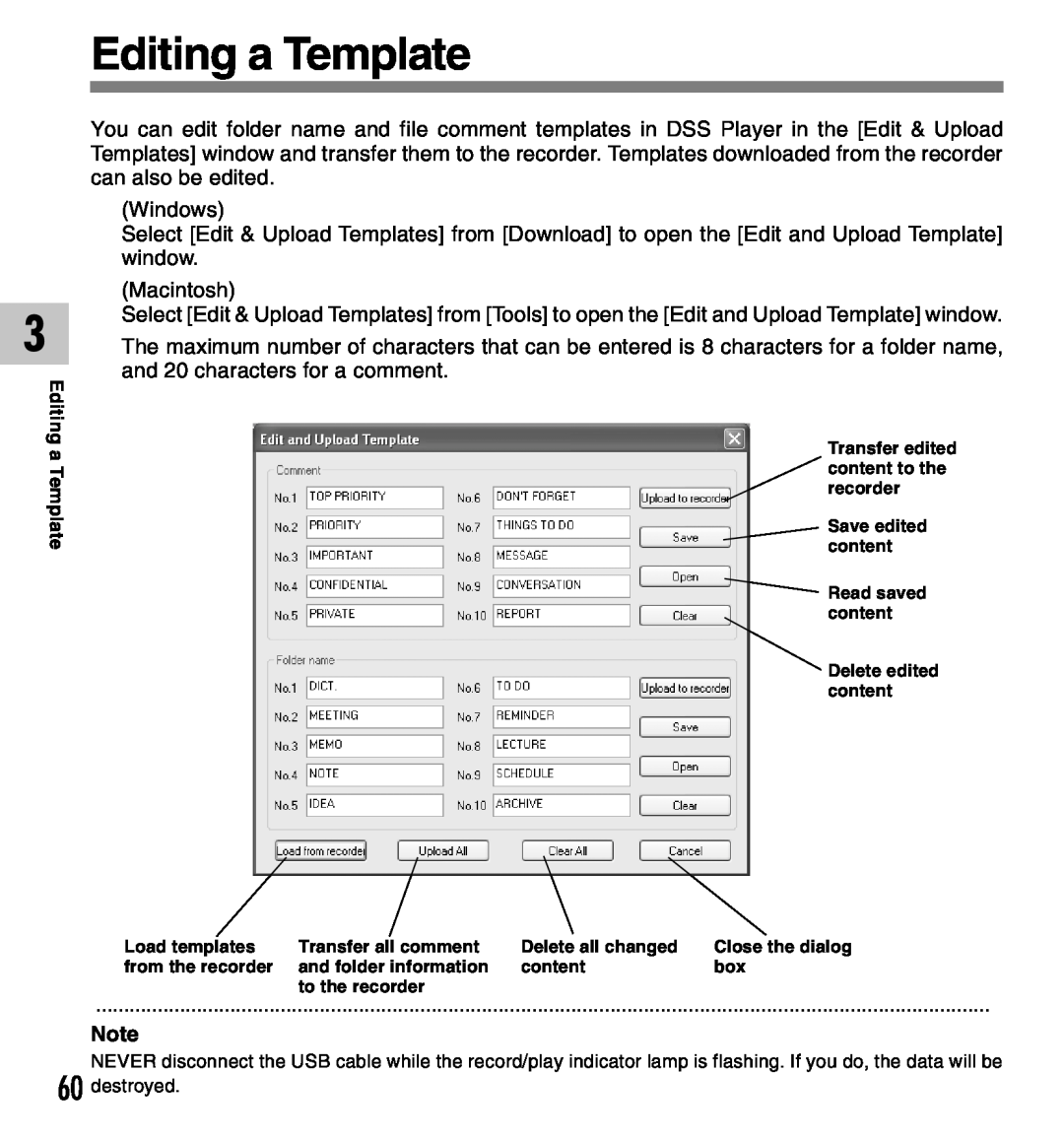 Olympus DM-10, DM-20 manual Editing a Template 