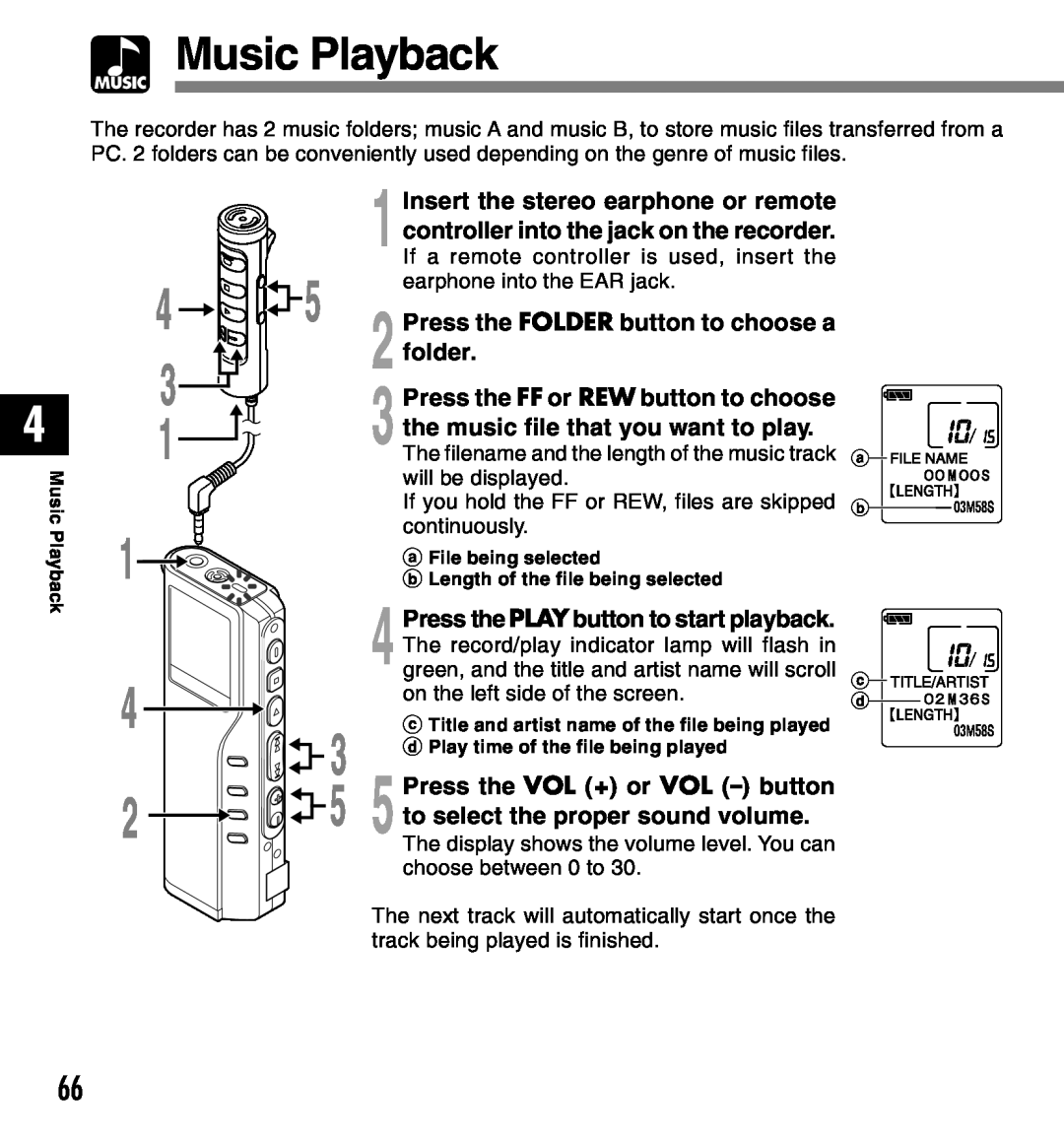 Olympus DM-10, DM-20 manual Music Playback, Press the FOLDER button to choose a folder 