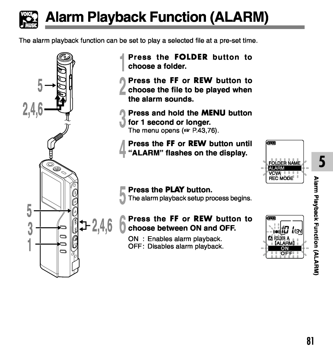 Olympus DM-20 Alarm Playback Function ALARM, 1choose a folder, 2choose the file to be played when, the alarm sounds, 2,4,6 