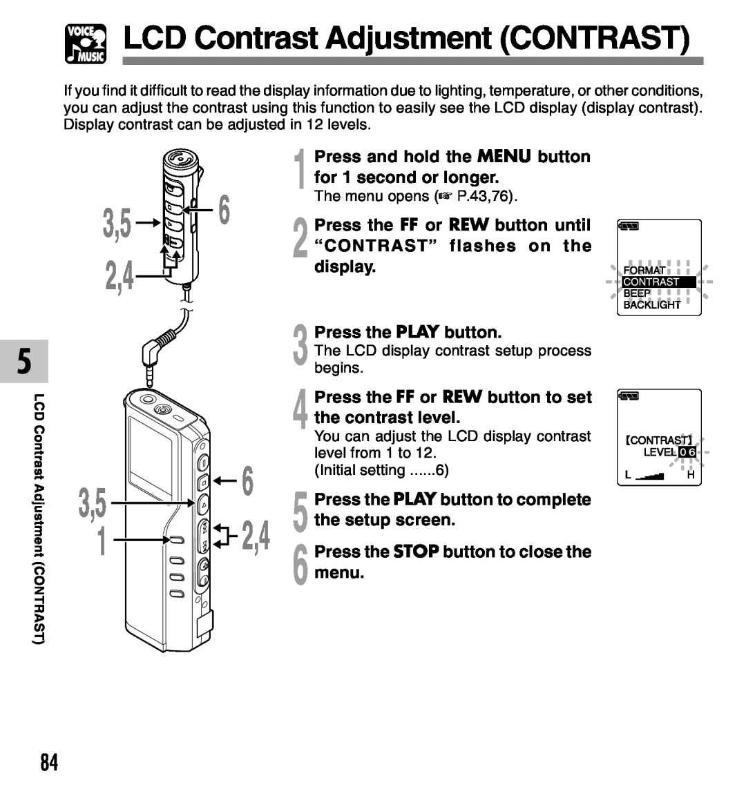 Olympus DM-10 LCD Contrast Adjustment CONTRAST, 2 “CONTRAST” flashes on the, Press the FF or REW button to set, display 