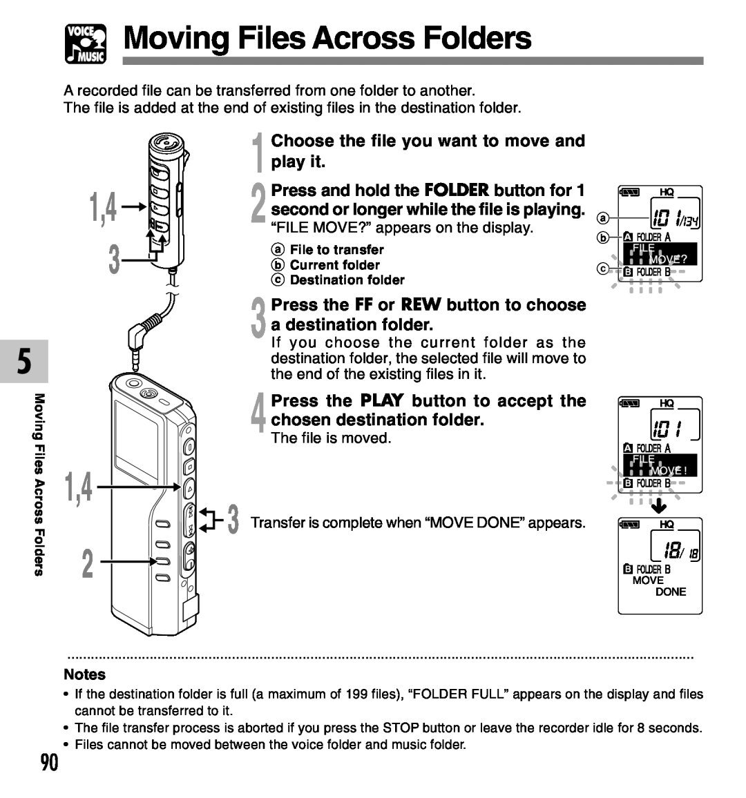 Olympus DM-10, DM-20 manual Moving Files Across Folders, Choose the file you want to move and, 1play it, a File to transfer 