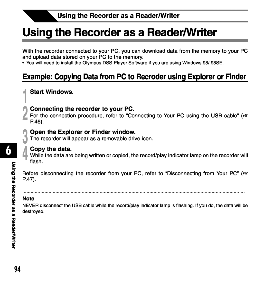 Olympus DM-10 Using the Recorder as a Reader/Writer, Start Windows 2 Connecting the recorder to your PC, Copy the data 