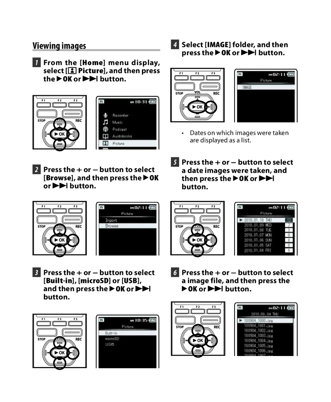 Olympus DM-3, DM-5 manual Viewing images, Dates on which images were taken are displayed as a list 