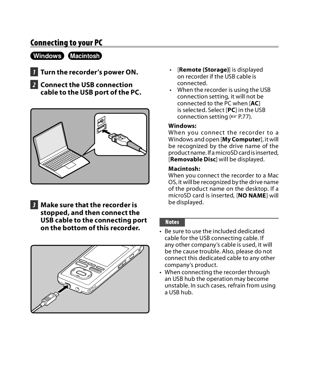 Olympus DM-5, DM-3 manual Connecting to your PC, Turn the recorder’s power on 